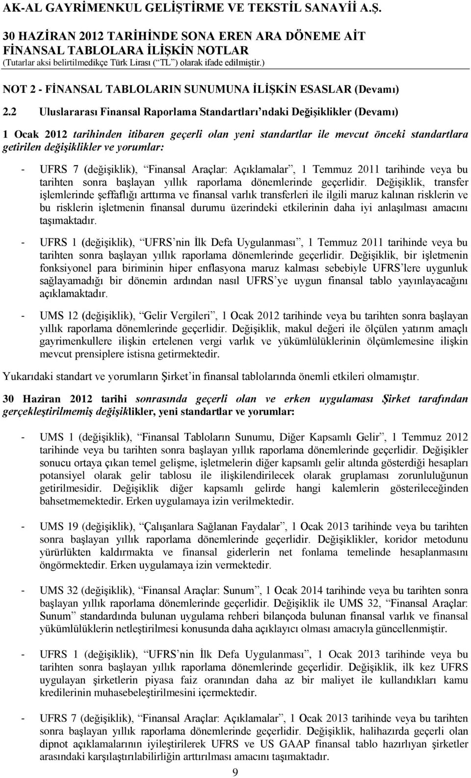 yorumlar: - UFRS 7 (değişiklik), Finansal Araçlar: Açıklamalar, 1 Temmuz 2011 tarihinde veya bu tarihten sonra başlayan yıllık raporlama dönemlerinde geçerlidir.