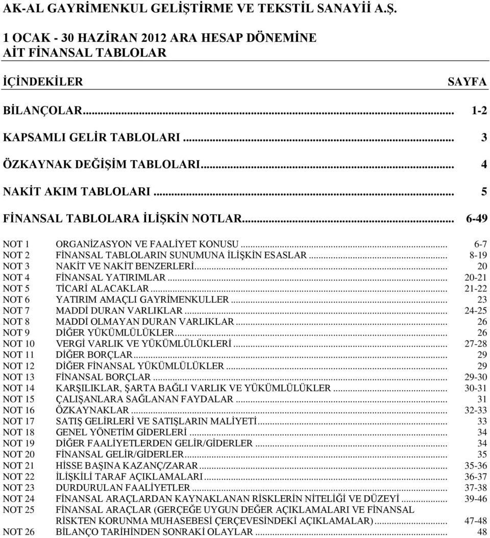 .. 20-21 NOT 5 TİCARİ ALACAKLAR... 21-22 NOT 6 YATIRIM AMAÇLI GAYRİMENKULLER... 23 NOT 7 MADDİ DURAN VARLIKLAR... 24-25 NOT 8 MADDİ OLMAYAN DURAN VARLIKLAR... 26 NOT 9 DİĞER YÜKÜMLÜLÜKLER.