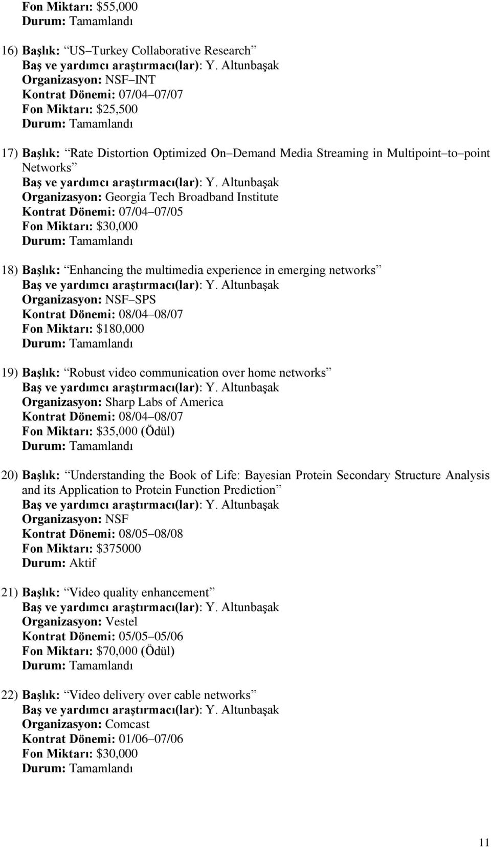 networks Organizasyon: NSF SPS Kontrat Dönemi: 08/04 08/07 Fon Miktarı: $180,000 19) Başlık: Robust video communication over home networks Organizasyon: Sharp Labs of America Kontrat Dönemi: 08/04