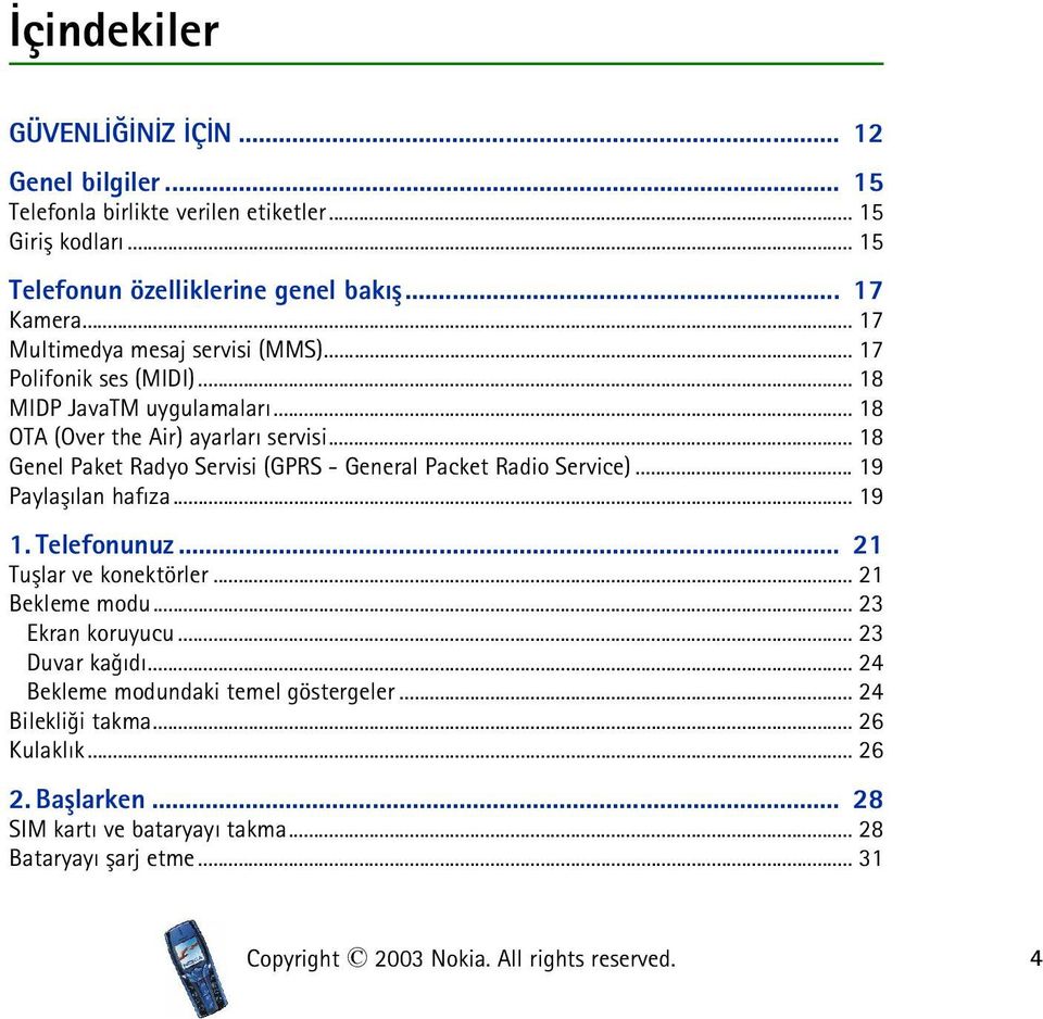 .. 18 Genel Paket Radyo Servisi (GPRS - General Packet Radio Service)... 19 Paylaþýlan hafýza... 19 1. Telefonunuz... 21 Tuþlar ve konektörler... 21 Bekleme modu.