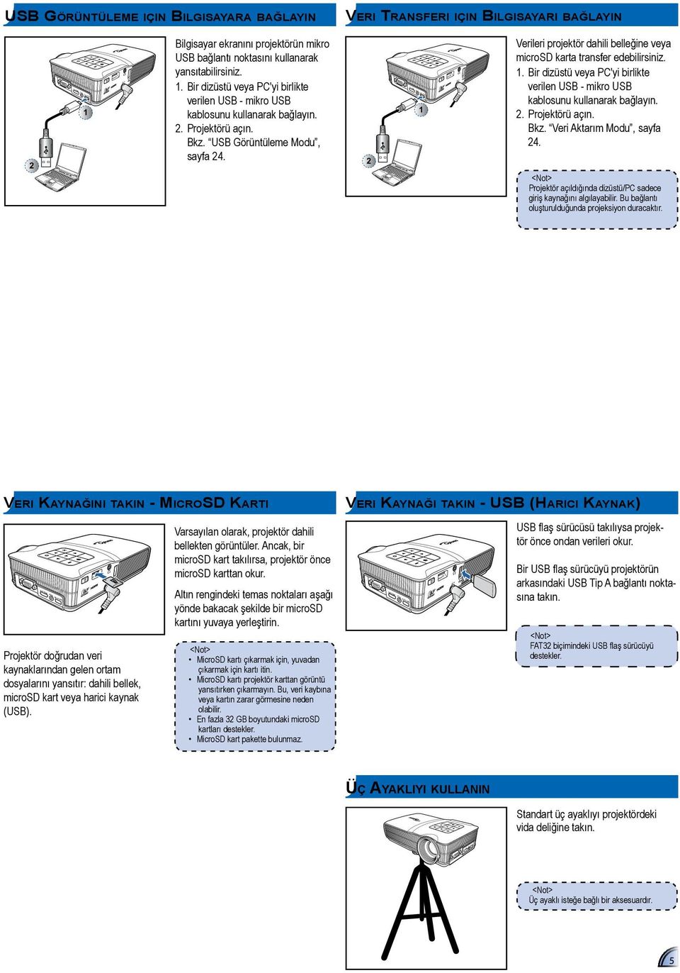 2. Projektörü açın. Bkz. Veri Aktarım Modu, sayfa 24. Projektör açıldığında dizüstü/pc sadece giriş kaynağını algılayabilir. Bu bağlantı oluşturulduğunda projeksiyon duracaktır.