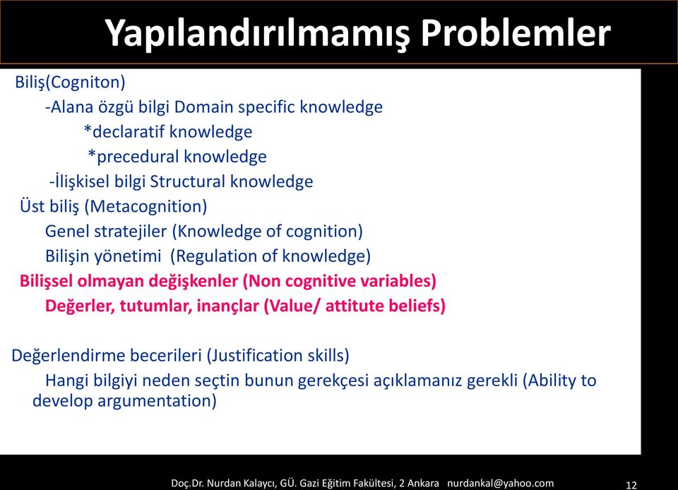 değişkenler (Non cognitive variables) Değerler, tutumlar, inançlar (Value/ attitute beliefs) Değerlendirme becerileri (Justification skills) Hangi bilgiyi