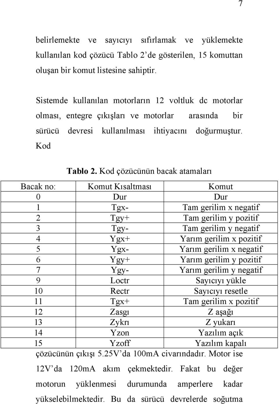 Kod çözücünün bacak atamaları Bacak no: Komut Kısaltması Komut 0 Dur Dur 1 Tgx- Tam gerilim x negatif 2 Tgy+ Tam gerilim y pozitif 3 Tgy- Tam gerilim y negatif 4 Ygx+ Yarım gerilim x pozitif 5 Ygx-