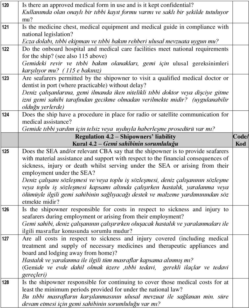 122 Do the onboard hospital and medical care facilities meet national requirements for the ship?