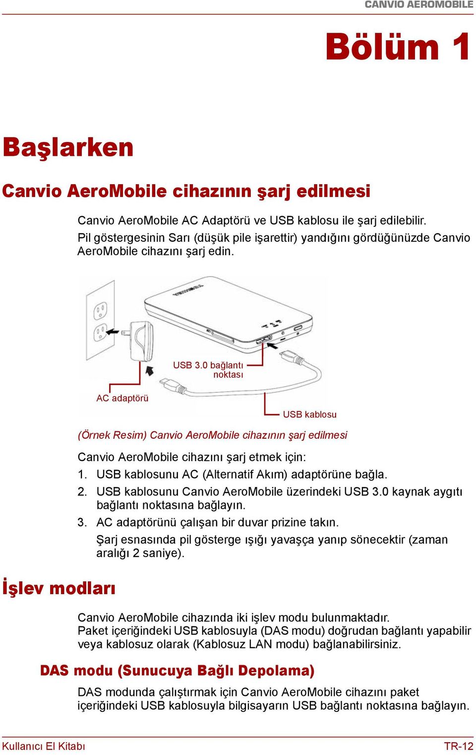 0 bağlantı noktası AC adaptörü USB kablosu İşlev modları (Örnek Resim) Canvio AeroMobile cihazının şarj edilmesi Canvio AeroMobile cihazını şarj etmek için: 1.