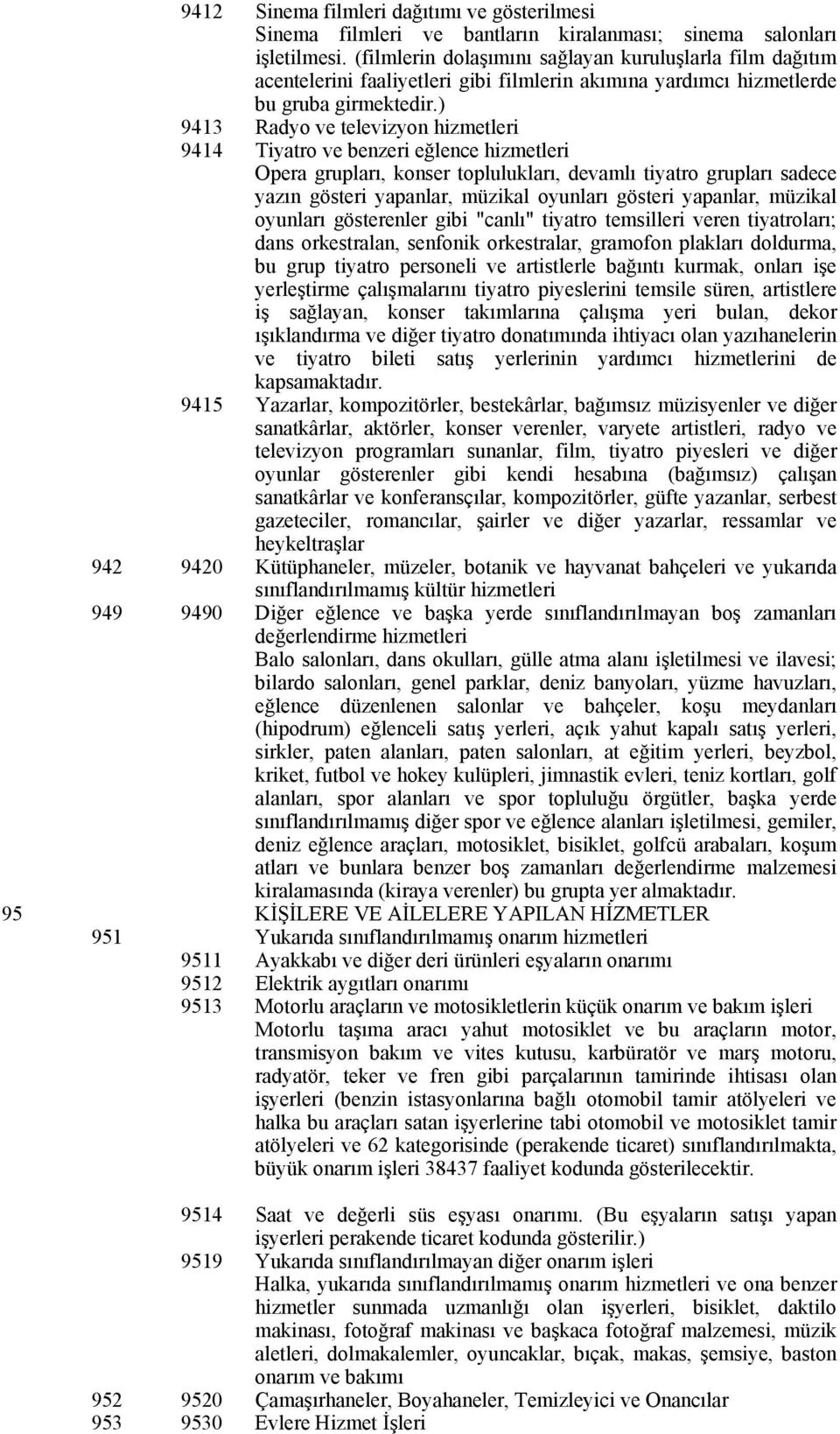 ) 9413 Radyo ve televizyon hizmetleri 9414 Tiyatro ve benzeri eğlence hizmetleri Opera grupları, konser toplulukları, devamlı tiyatro grupları sadece yazın gösteri yapanlar, müzikal oyunları gösteri