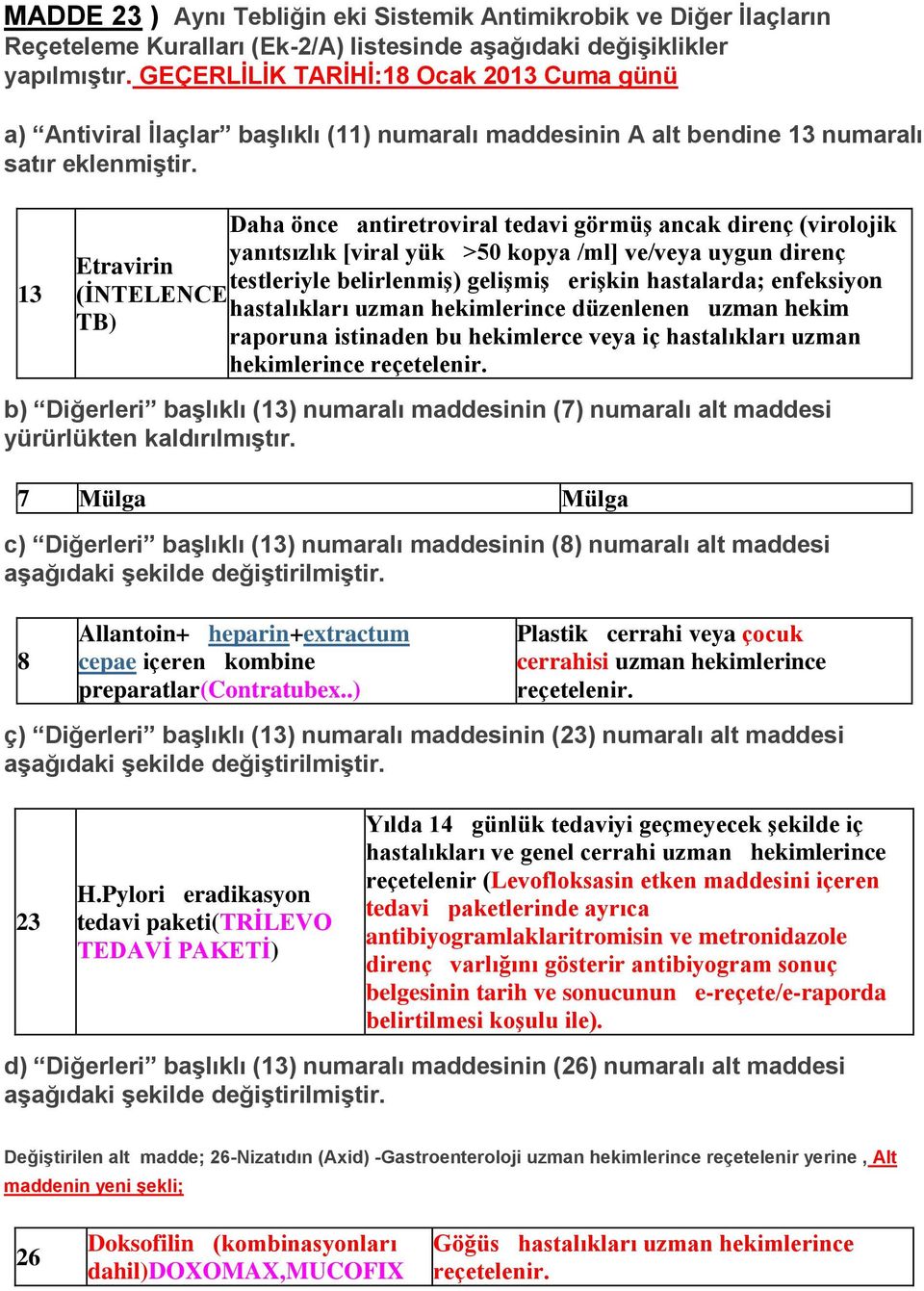 13 Etravirin (İNTELENCE TB) Daha önce antiretroviral tedavi görmüş ancak direnç (virolojik yanıtsızlık [viral yük >50 kopya /ml] ve/veya uygun direnç testleriyle belirlenmiş) gelişmiş erişkin