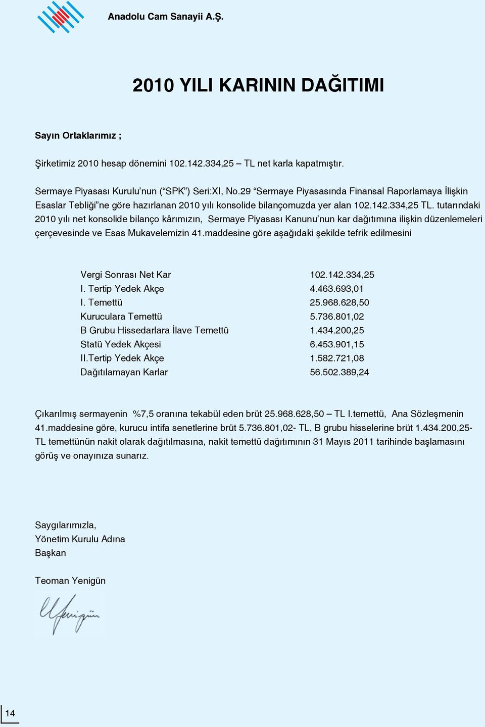 tutarındaki 2010 yılı net konsolide bilanço kârımızın, Sermaye Piyasası Kanunu nun kar dağıtımına ilişkin düzenlemeleri çerçevesinde ve Esas Mukavelemizin 41.