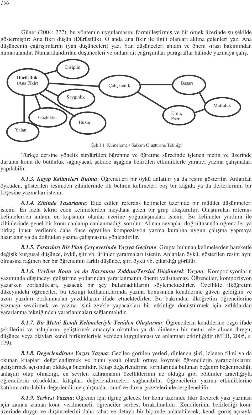 Disiplin Dürüstlük (Ana Fikir) Çalıkanlık Baarı Saygınlık Mutluluk Yalan Güçlükler Huzur Ürün, Eser ekil 1: Kümeleme / Salkım Oluturma Teknii Türkçe dersine yönelik sürdürülen örenme ve öretme