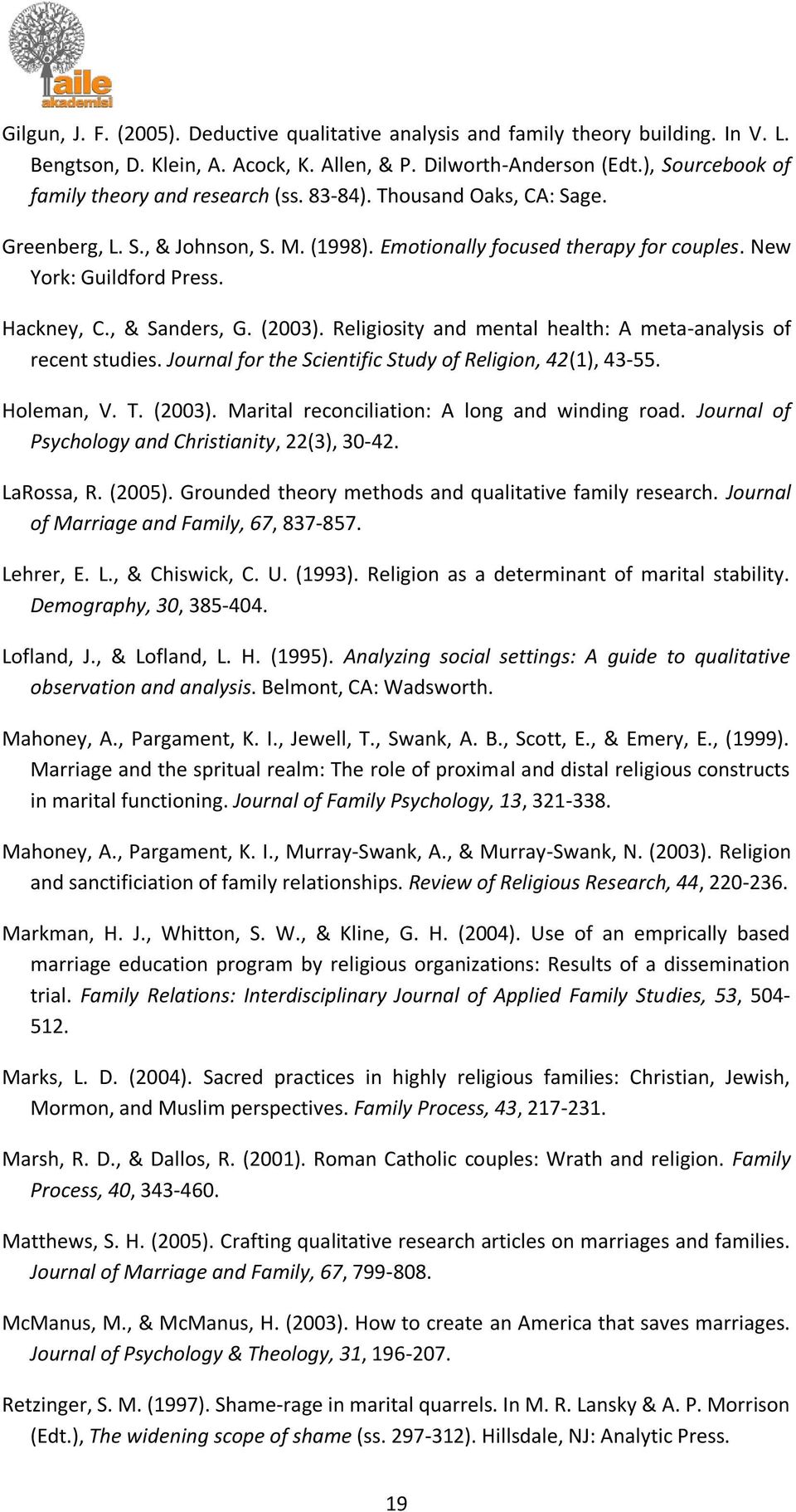 Hackney, C., & Sanders, G. (2003). Religiosity and mental health: A meta-analysis of recent studies. Journal for the Scientific Study of Religion, 42(1), 43-55. Holeman, V. T. (2003). Marital reconciliation: A long and winding road.