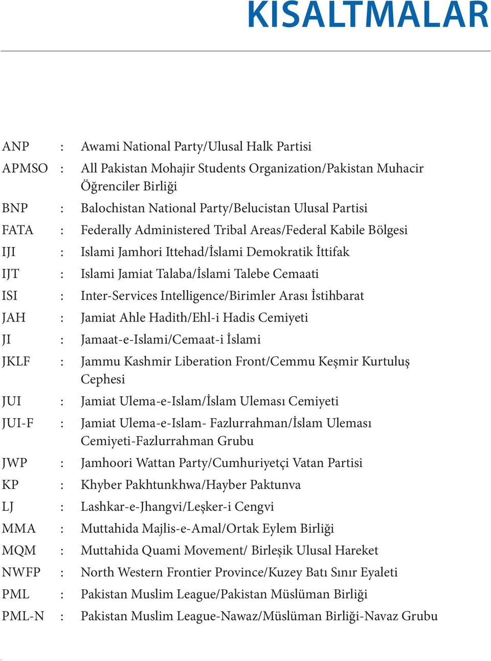 Intelligence/Birimler Arası İstihbarat JAH : Jamiat Ahle Hadith/Ehl-i Hadis Cemiyeti JI : Jamaat-e-Islami/Cemaat-i İslami JKLF : Jammu Kashmir Liberation Front/Cemmu Keşmir Kurtuluş Cephesi JUI :