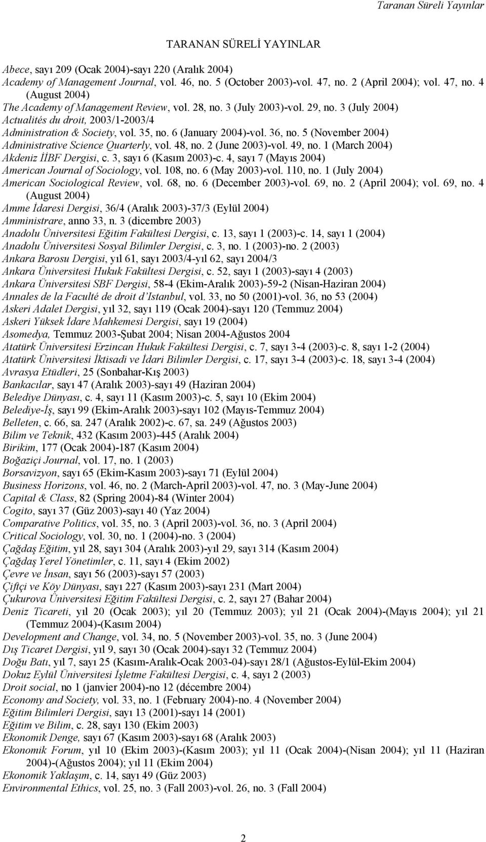 6 (January 2004)-vol. 36, no. 5 (November 2004) Administrative Science Quarterly, vol. 48, no. 2 (June 2003)-vol. 49, no. 1 (March 2004) Akdeniz İİBF Dergisi, c. 3, sayı 6 (Kasım 2003)-c.