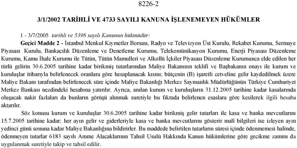 Alkollü İçkiler Piyasası Düzenleme Kurumunca elde edilen her türlü gelirin 30.6.