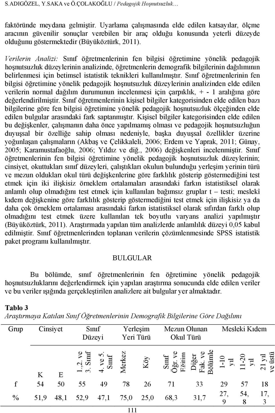 Verilerin Analizi: Sınıf öğretmenlerinin fen bilgisi öğretimine yönelik pedagojik hoşnutsuzluk düzeylerinin analizinde, öğretmenlerin demografik bilgilerinin dağılımının belirlenmesi için betimsel