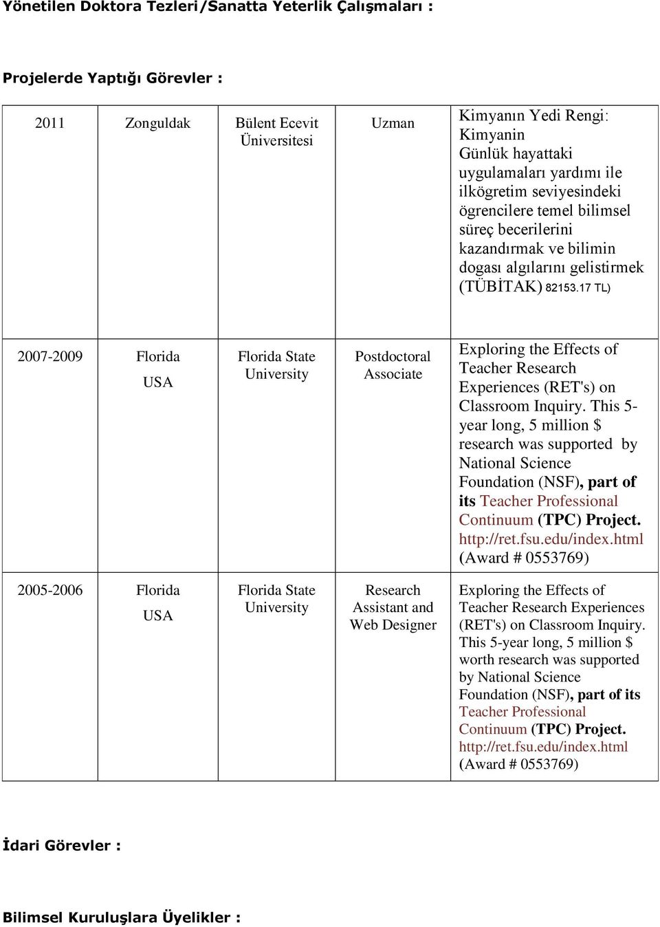 17 TL) 2007-2009 Florida USA Florida State University Postdoctoral Associate Exploring the Effects of Teacher Research Experiences (RET's) on Classroom Inquiry.