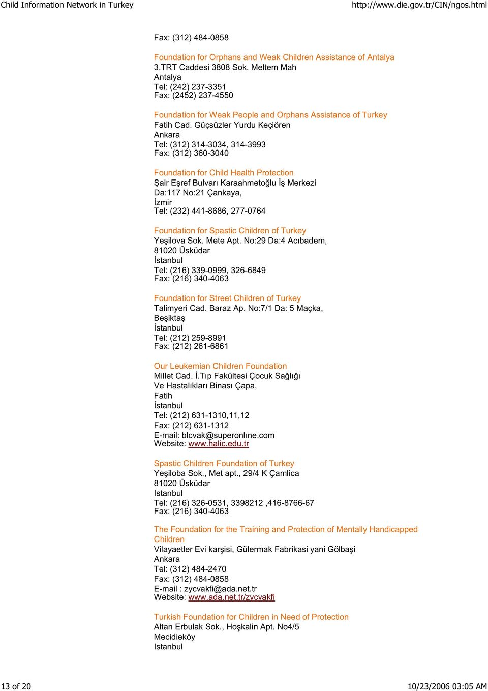 Güçsüzler Yurdu Keçiören Tel: (312) 314-3034, 314-3993 Fax: (312) 360-3040 Foundation for Child Health Protection Şair Eşref Bulvarı Karaahmetoğlu İş Merkezi Da:117 No:21 Çankaya, İzmir Tel: (232)