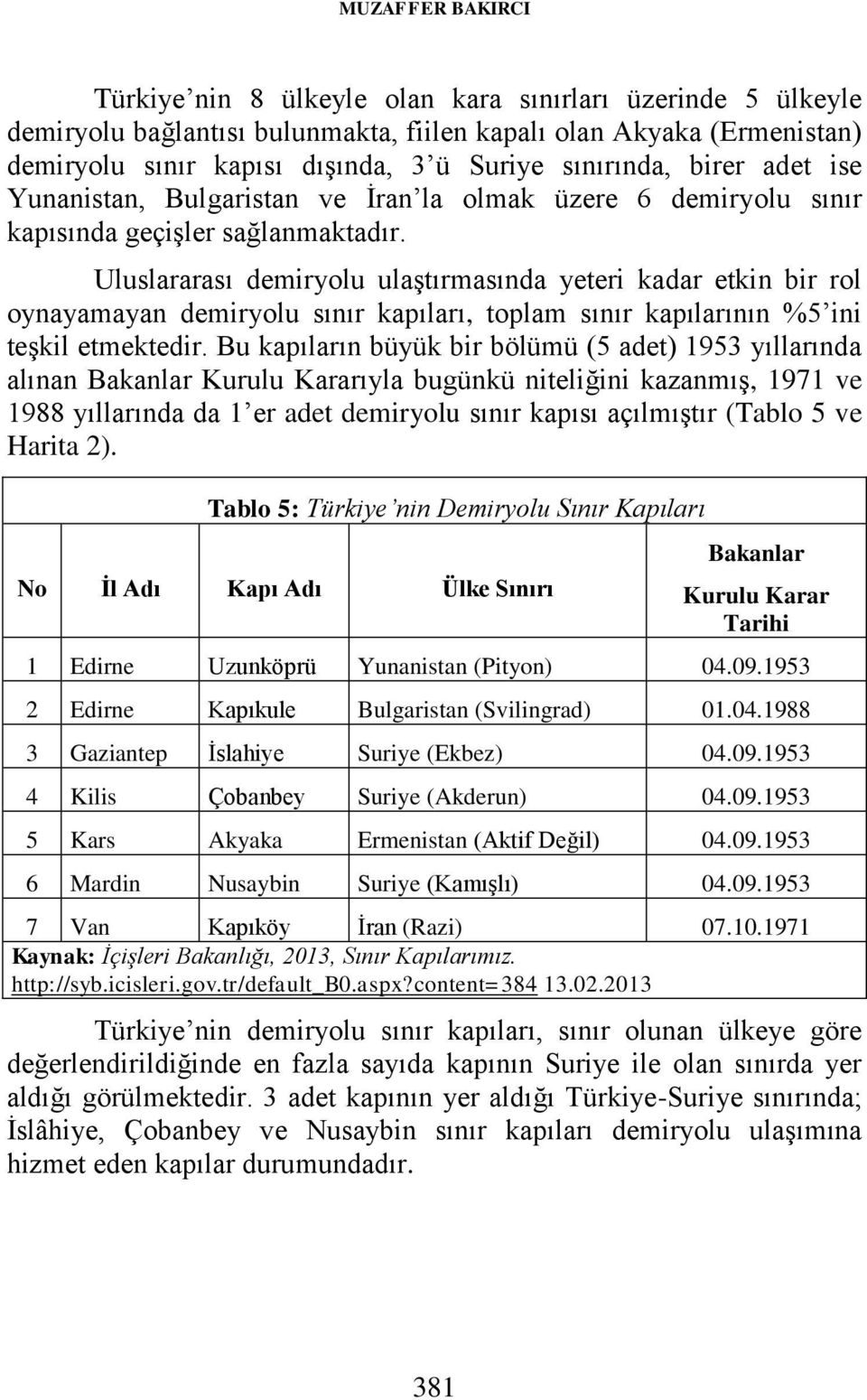 Uluslararası demiryolu ulaştırmasında yeteri kadar etkin bir rol oynayamayan demiryolu sınır kapıları, toplam sınır kapılarının %5 ini teşkil etmektedir.