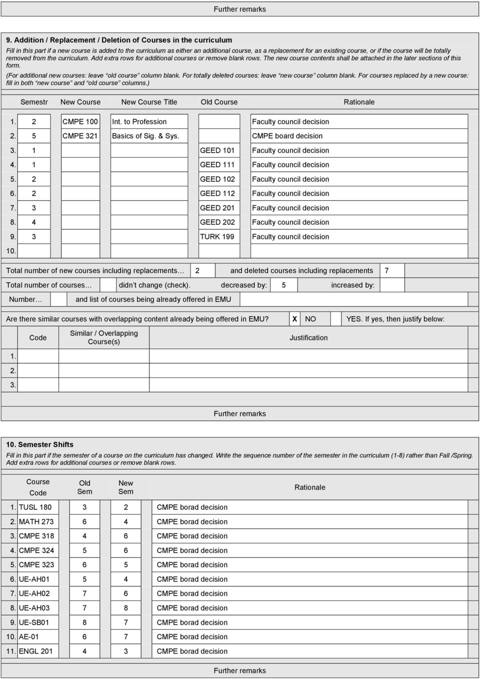 if the course will be totally removed from the curriculum. Add extra rows for additional courses or remove blank rows. The new course contents shall be attached in the later sections of this form.