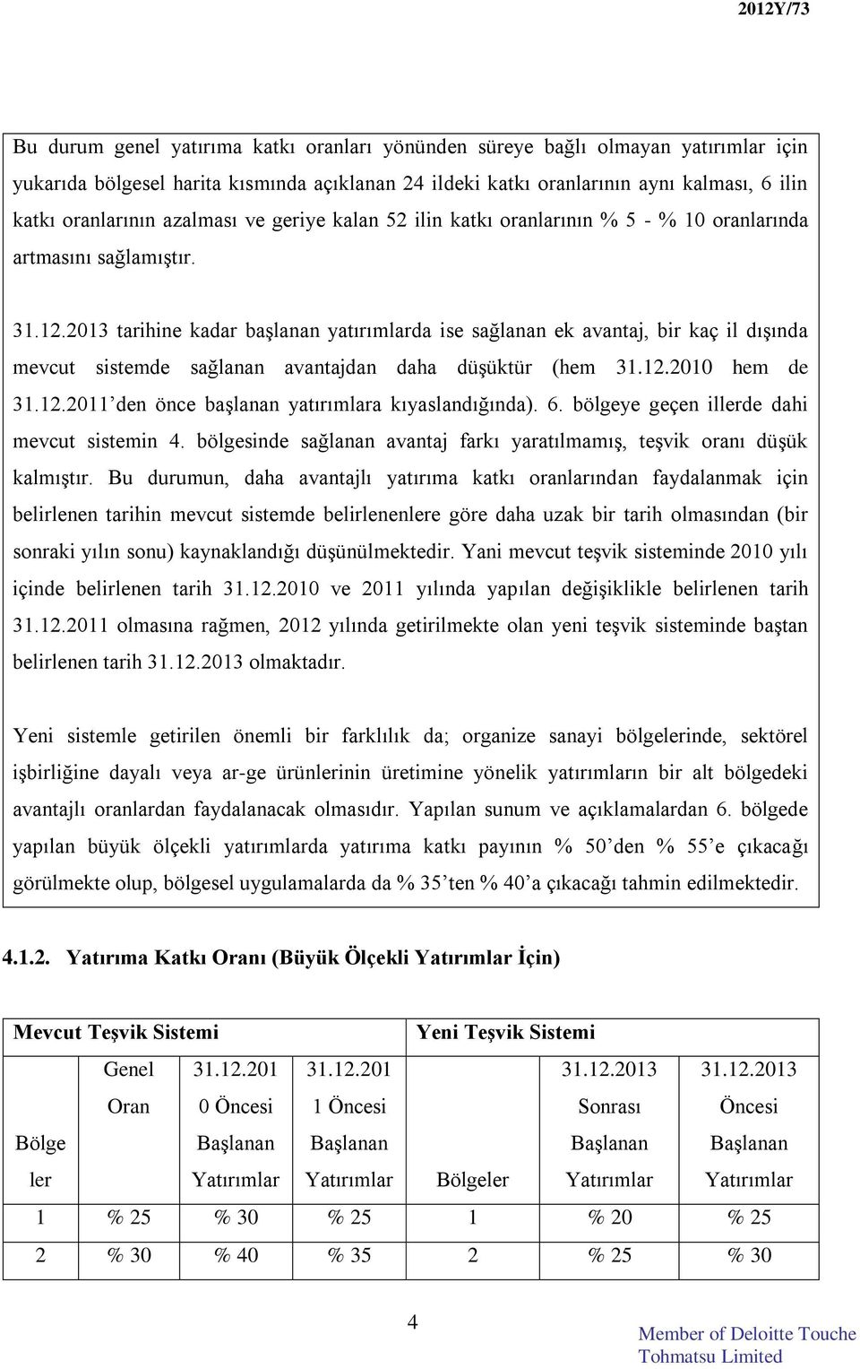 2013 tarihine kadar başlanan yatırımlarda ise sağlanan ek avantaj, bir kaç il dışında mevcut sistemde sağlanan avantajdan daha düşüktür (hem 31.12.2010 hem de 31.12.2011 den önce başlanan yatırımlara kıyaslandığında).