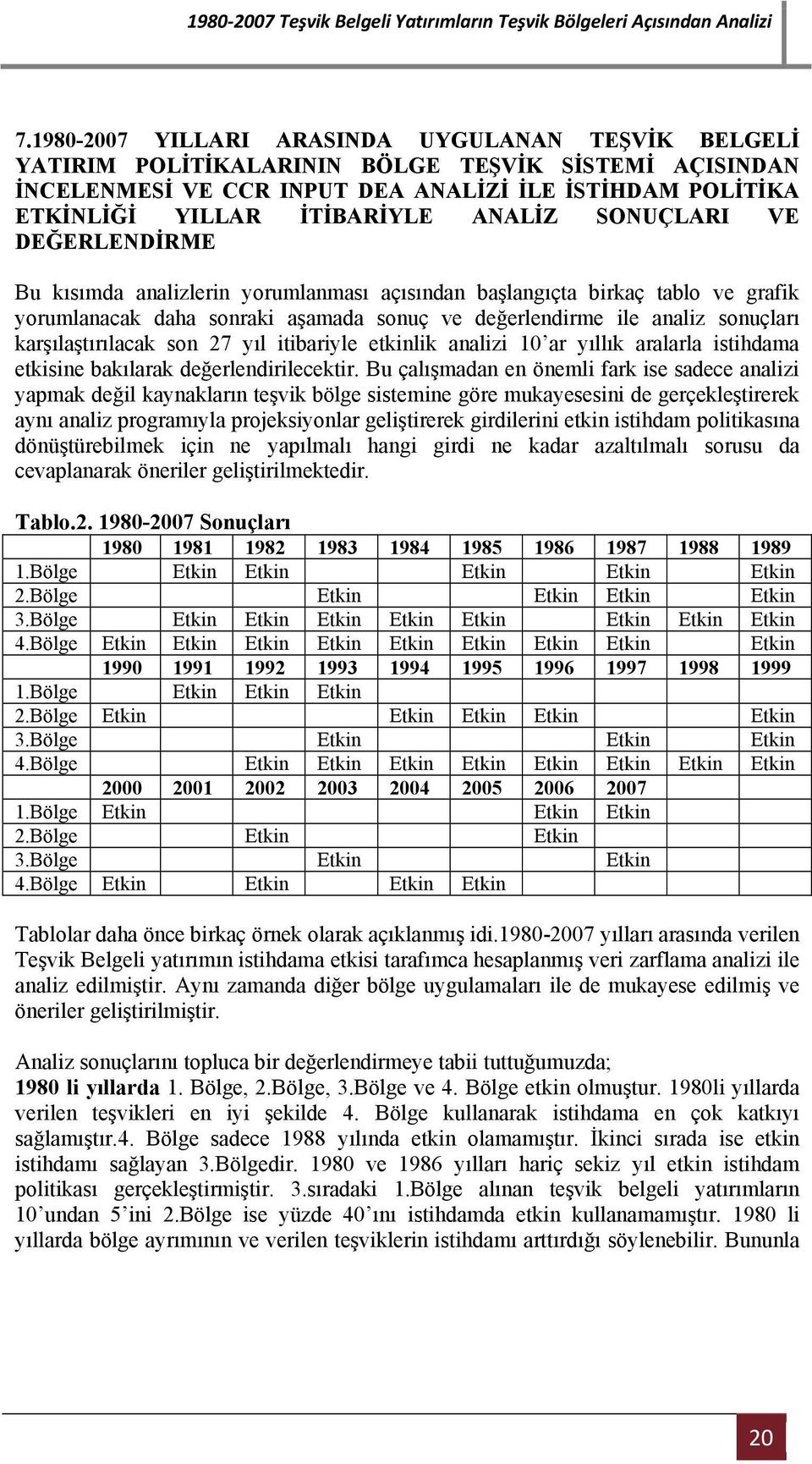 karşılaştırılacak son 27 yıl itibariyle etkinlik analizi 10 ar yıllık aralarla istihdama etkisine bakılarak değerlendirilecektir.