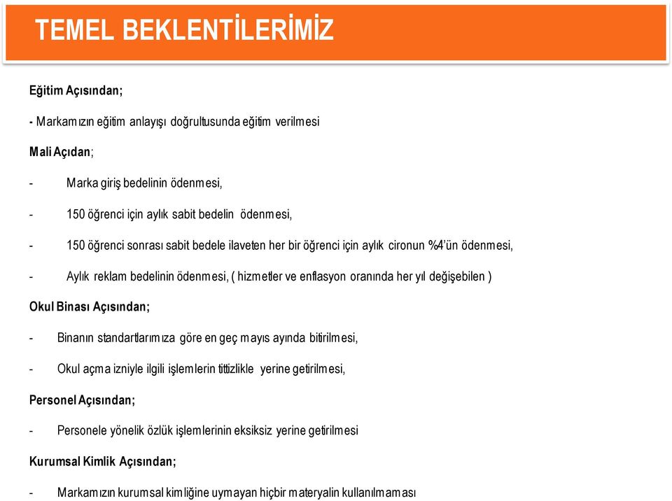 her yıl değişebilen ) Okul Binası Açısından; - Binanın standartlarımıza göre en geç mayıs ayında bitirilmesi, - Okul açma izniyle ilgili işlemlerin tittizlikle yerine getirilmesi,