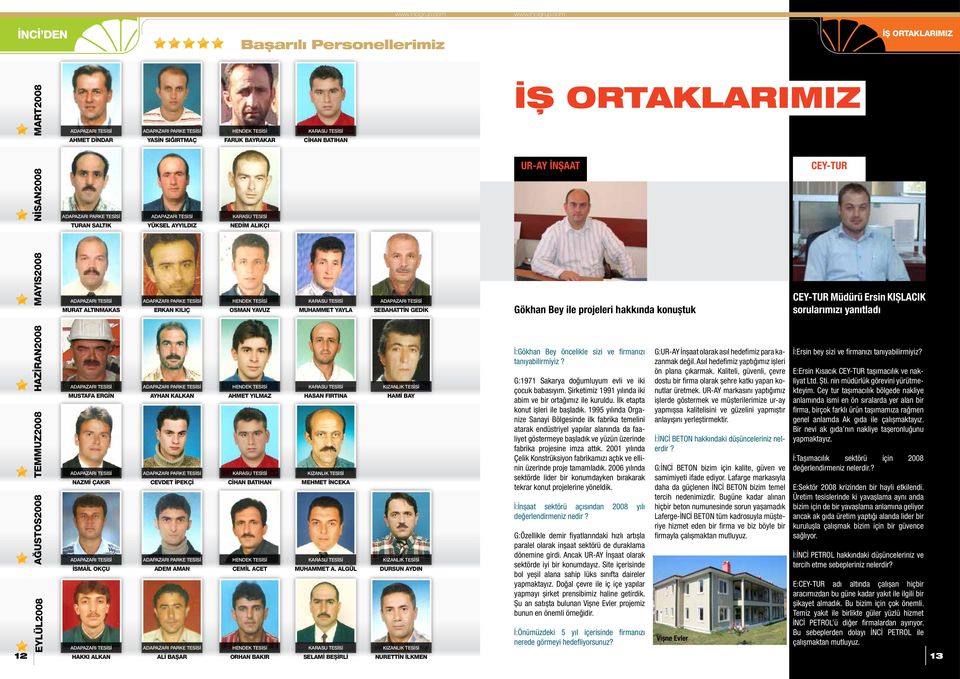 sorularımızı yanıtladı 12 EYLÜL2008 AĞUSTOS2008 TEMMUZ2008 HAZİRAN2008 MUSTAFA ERGİN NAZMİ ÇAKIR İSMAİL OKÇU HAKKI ALKAN AYHAN KALKAN CEVDET İPEKÇİ ADEM AMAN ALİ BAŞAR HENDEK TESİSİ AHMET YILMAZ