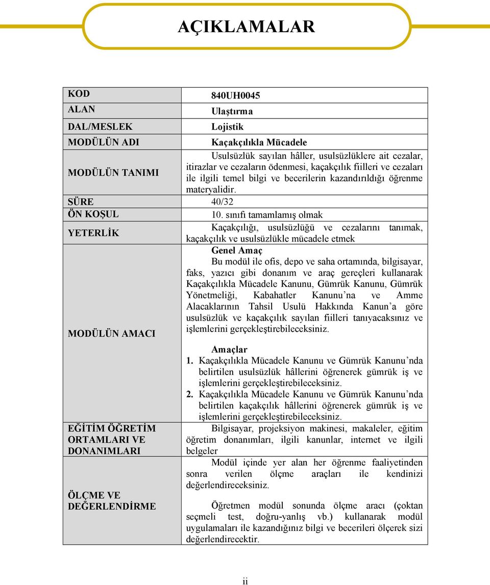 sınıfı tamamlamış olmak YETERLİK Kaçakçılığı, usulsüzlüğü ve cezalarını tanımak, kaçakçılık ve usulsüzlükle mücadele etmek Genel Amaç Bu modül ile ofis, depo ve saha ortamında, bilgisayar, faks,