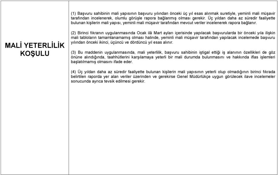 MALİ YETERLİLİK KOŞULU (2) Birinci fıkranın uygulanmasında Ocak ilâ Mart ayları içerisinde yapılacak başvurularda bir önceki yıla ilişkin mali tabloların tamamlanamamış olması halinde, yeminli mali