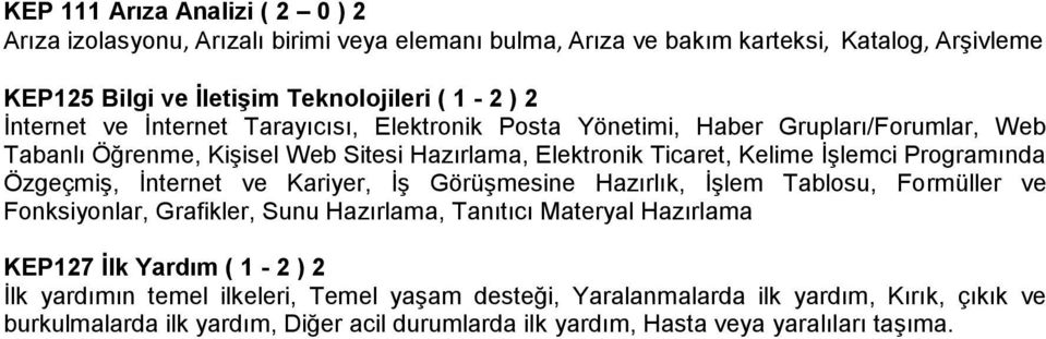 Programında Özgeçmiş, İnternet ve Kariyer, İş Görüşmesine Hazırlık, İşlem Tablosu, Formüller ve Fonksiyonlar, Grafikler, Sunu Hazırlama, Tanıtıcı Materyal Hazırlama KEP127 Ġlk