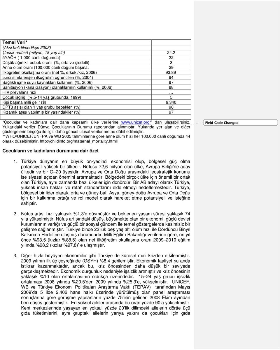 nci sınıfa erişen ilköğretim öğrencileri (%, 2004) 94 Sağlıklı içme suyu kaynakları kullanımı (%, 2006) 97 Sanitasyon (kanalizasyon) olanaklarının kullanımı (%, 2006) 88 HIV prevalans hızı Çocuk