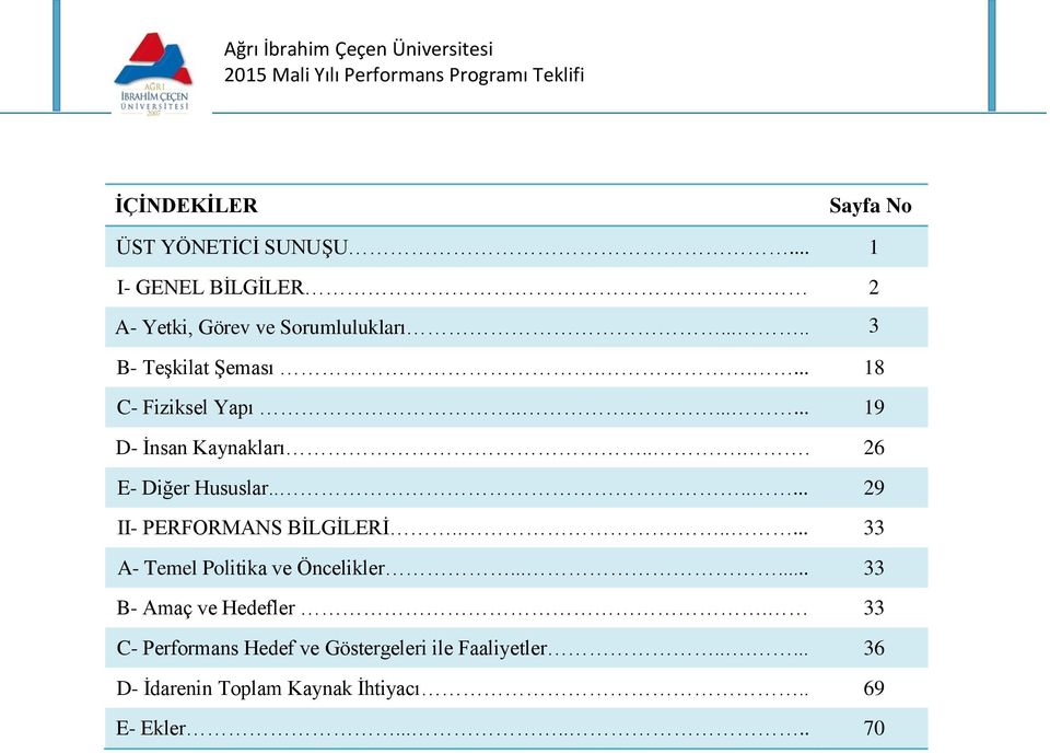 ...... 29 II- PERFORMANS BİLGİLERİ........ 33 A- Temel Politika ve Öncelikler...... 33 B- Amaç ve Hedefler.