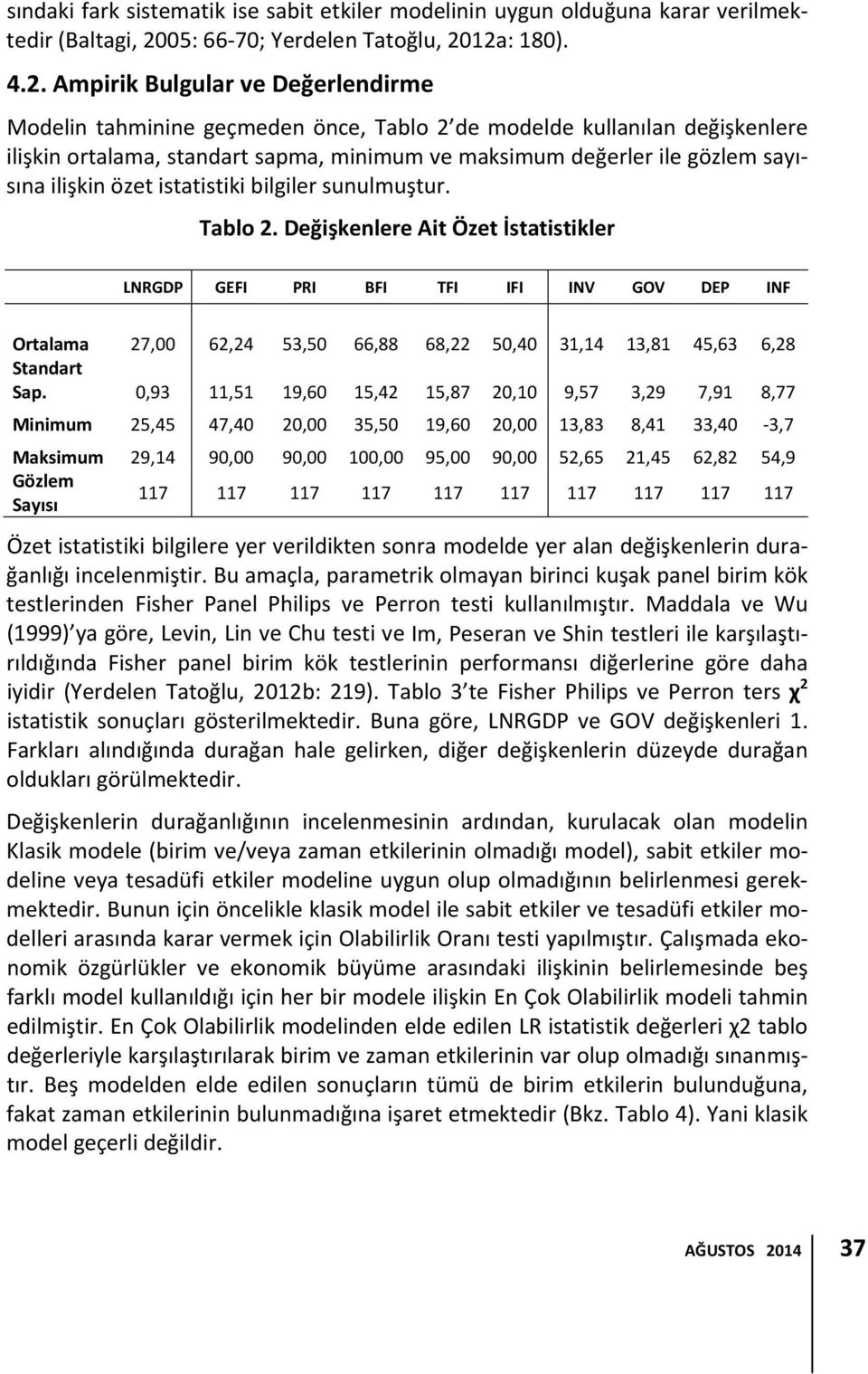 12a: 180). 4.2. Ampirik Bulgular ve Değerlendirme Modelin tahminine geçmeden önce, Tablo 2 de modelde kullanılan değişkenlere ilişkin ortalama, standart sapma, minimum ve maksimum değerler ile gözlem