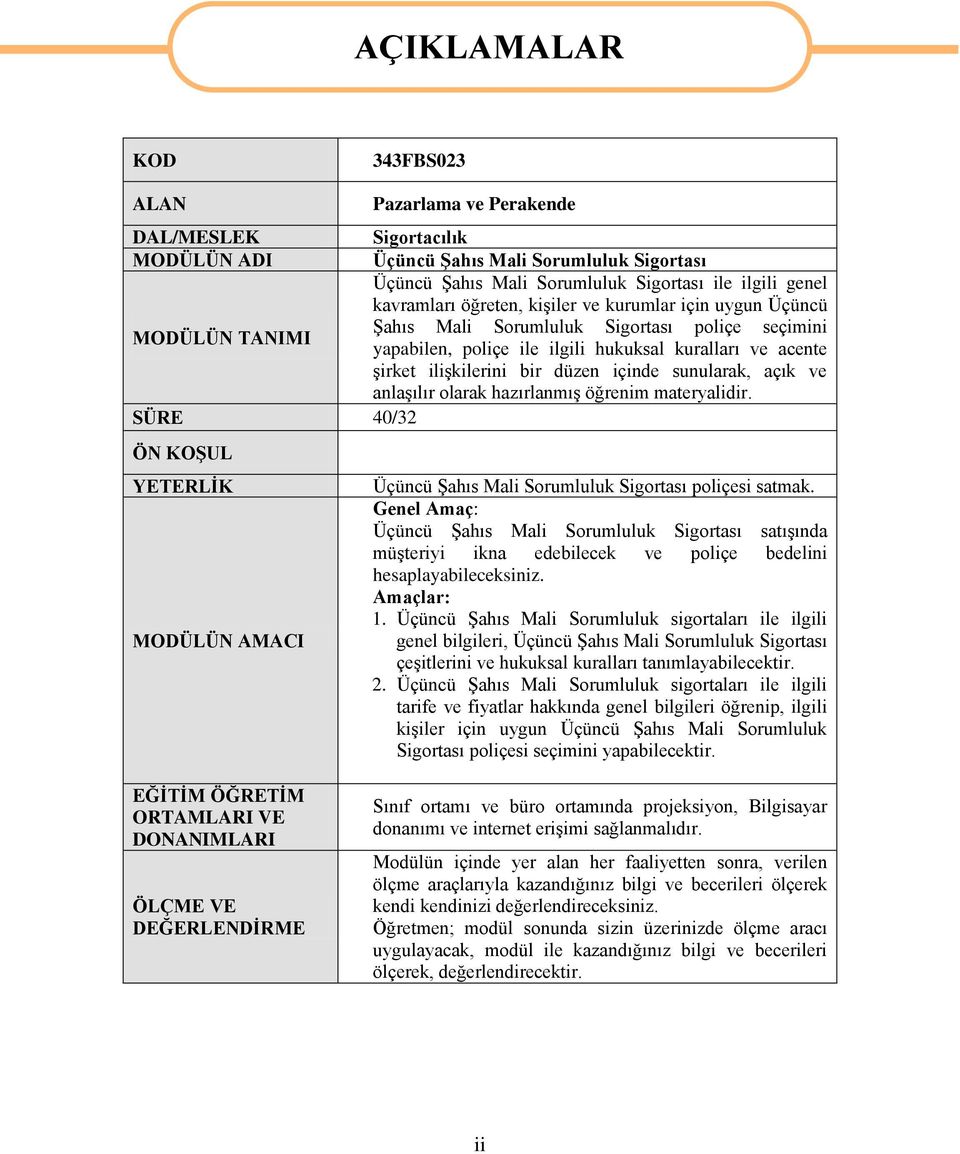 bir düzen içinde sunularak, açık ve anlaģılır olarak hazırlanmıģ öğrenim materyalidir. SÜRE 40/32 ÖN KOġUL YETERLĠK MODÜLÜN AMACI Üçüncü ġahıs Mali Sorumluluk Sigortası poliçesi satmak.