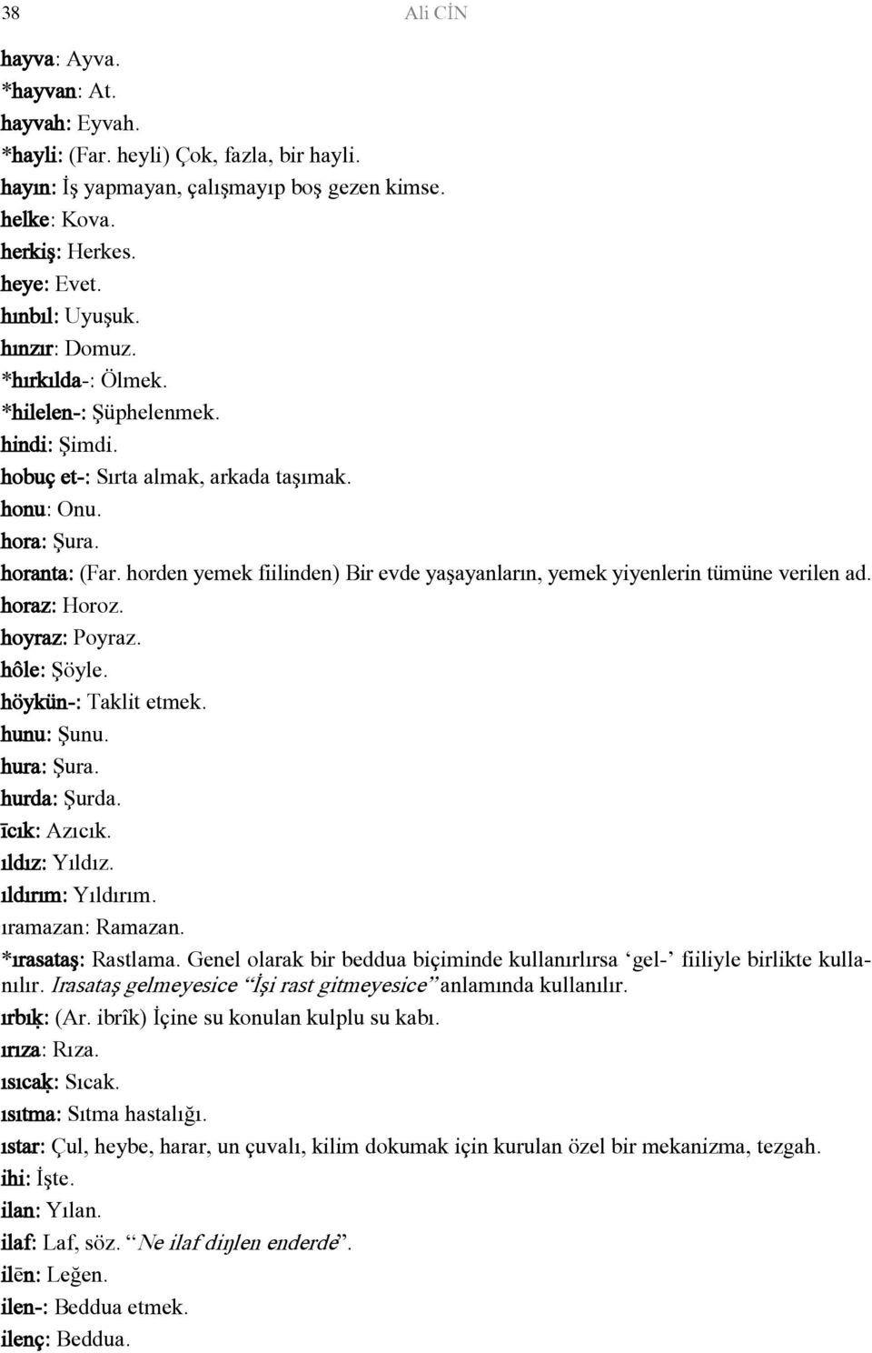 horden yemek fiilinden) Bir evde yaşayanların, yemek yiyenlerin tümüne verilen ad. horaz: Horoz. hoyraz: Poyraz. hôle: Şöyle. höykün-: Taklit etmek. hunu: Şunu. hura: Şura. hurda: Şurda. īcık: Azıcık.