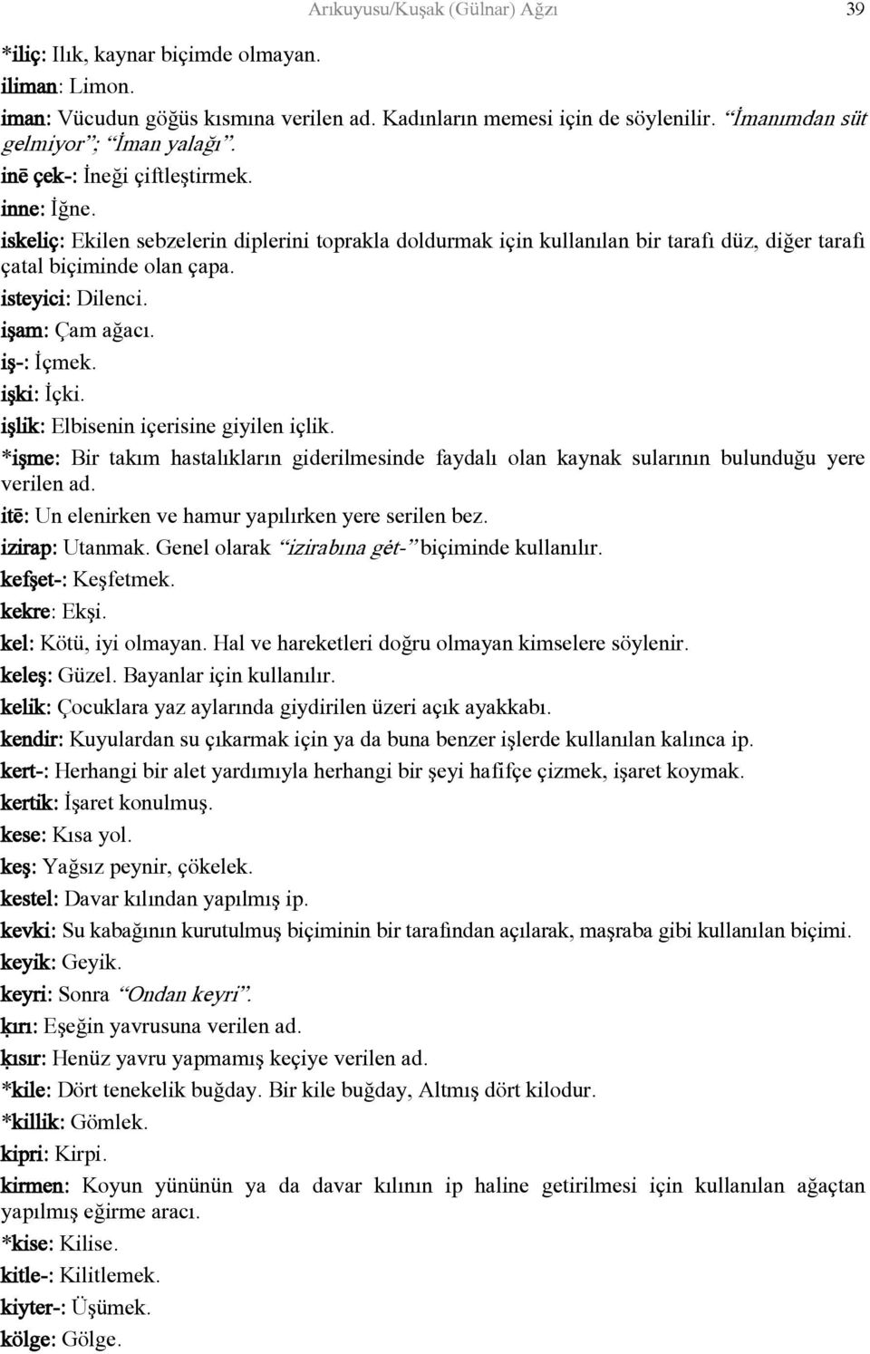 işam: Çam ağacı. iş-: İçmek. işki: İçki. işlik: Elbisenin içerisine giyilen içlik. *işme: Bir takım hastalıkların giderilmesinde faydalı olan kaynak sularının bulunduğu yere verilen ad.