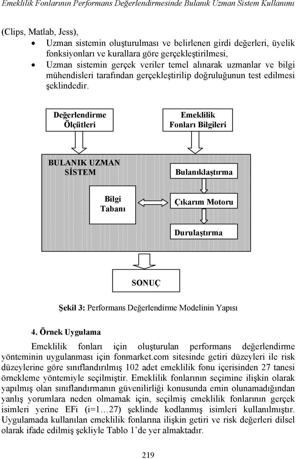 Değerlendirme Ölçütleri Emeklilik Fonları Bilgileri BULANIK UZMAN SİSTEM Bulanıklaştırma Bilgi Tabanı Çıkarım Motoru Durulaştırma SONUÇ Şekil 3: Performans Değerlendirme Modelinin Yapısı 4.