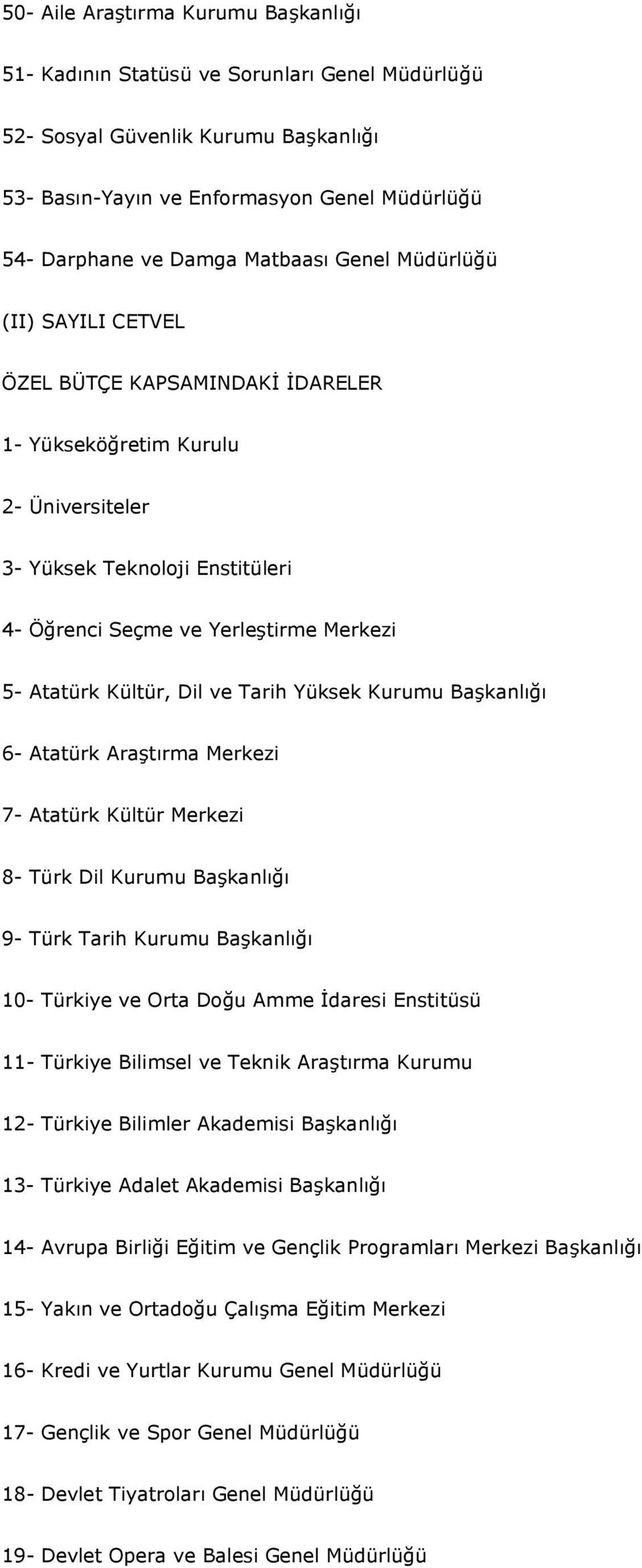 Atatürk Kültür, Dil ve Tarih Yüksek Kurumu Başkanlığı 6- Atatürk Araştırma Merkezi 7- Atatürk Kültür Merkezi 8- Türk Dil Kurumu Başkanlığı 9- Türk Tarih Kurumu Başkanlığı 10- Türkiye ve Orta Doğu