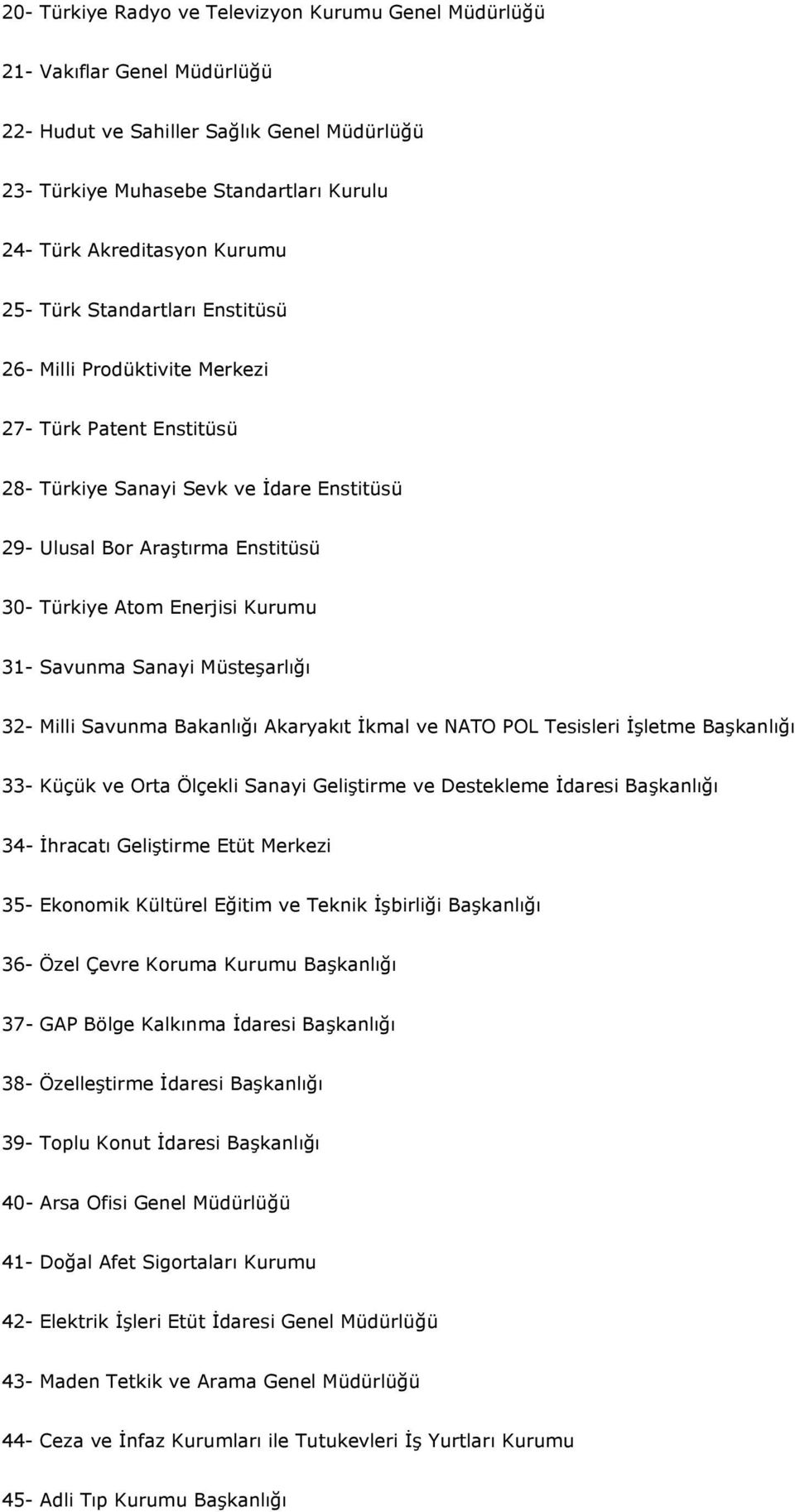 31- Savunma Sanayi Müsteşarlığı 32- Milli Savunma Bakanlığı Akaryakıt İkmal ve NATO POL Tesisleri İşletme Başkanlığı 33- Küçük ve Orta Ölçekli Sanayi Geliştirme ve Destekleme İdaresi Başkanlığı 34-