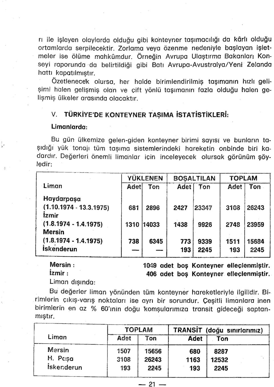 Özetlenecek olursa, her halde birimlendirilmiş taşımanın hızlı gelişimi halen gelişmiş olan ve çift yönlü taşımanın fazla olduğu halen gelişmiş ülkeler arasında olacaktır. V.