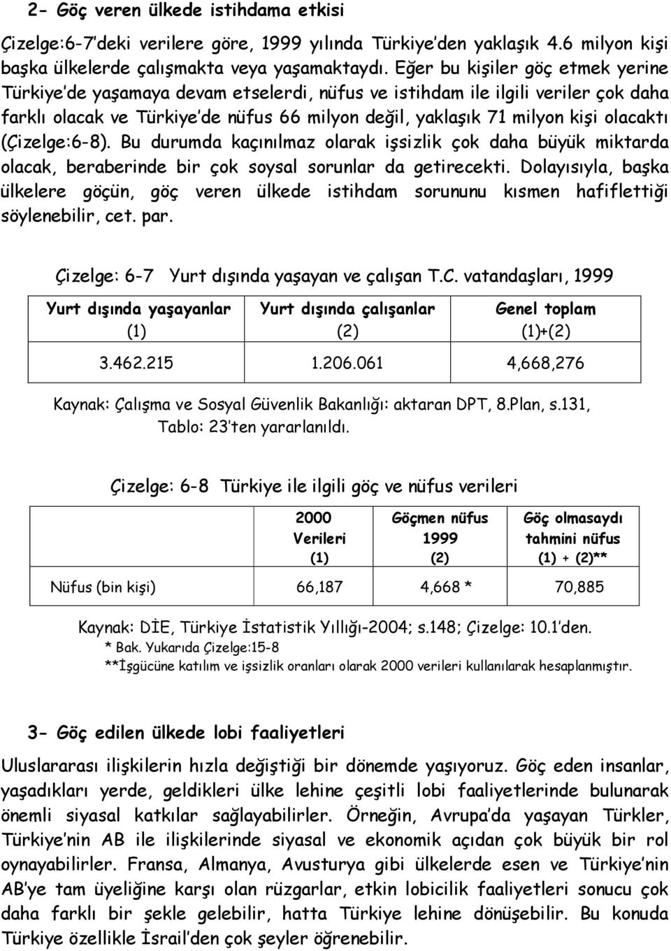 (Çizelge:6-8). Bu durumda kaçınılmaz olarak işsizlik çok daha büyük miktarda olacak, beraberinde bir çok soysal sorunlar da getirecekti.