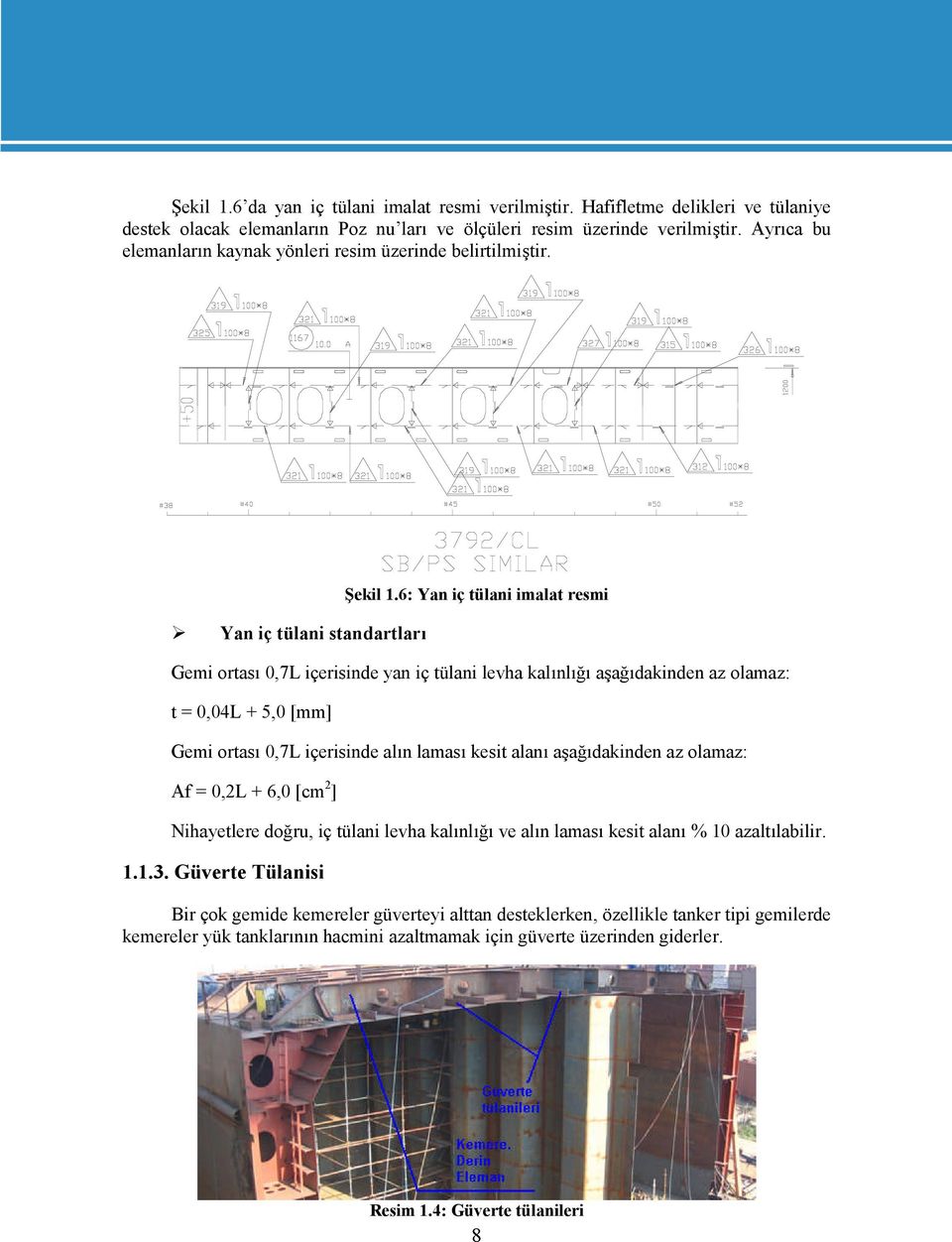 6: Yan iç tülani imalat resmi Gemi ortası 0,7L içerisinde yan iç tülani levha kalınlığı aşağıdakinden az olamaz: t = 0,04L + 5,0 [mm] Gemi ortası 0,7L içerisinde alın laması kesit alanı aşağıdakinden