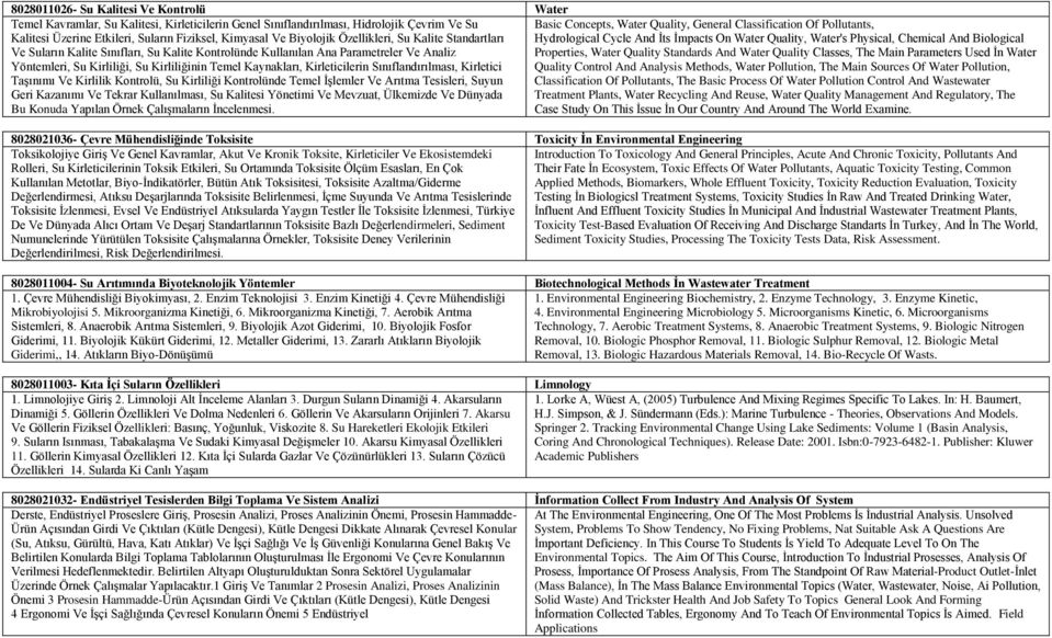 Biological Ve Suların Kalite Sınıfları, Su Kalite Kontrolünde Kullanılan Ana Parametreler Ve Analiz Properties, Water Quality Standards And Water Quality Classes, The Main Parameters Used Ġn Water