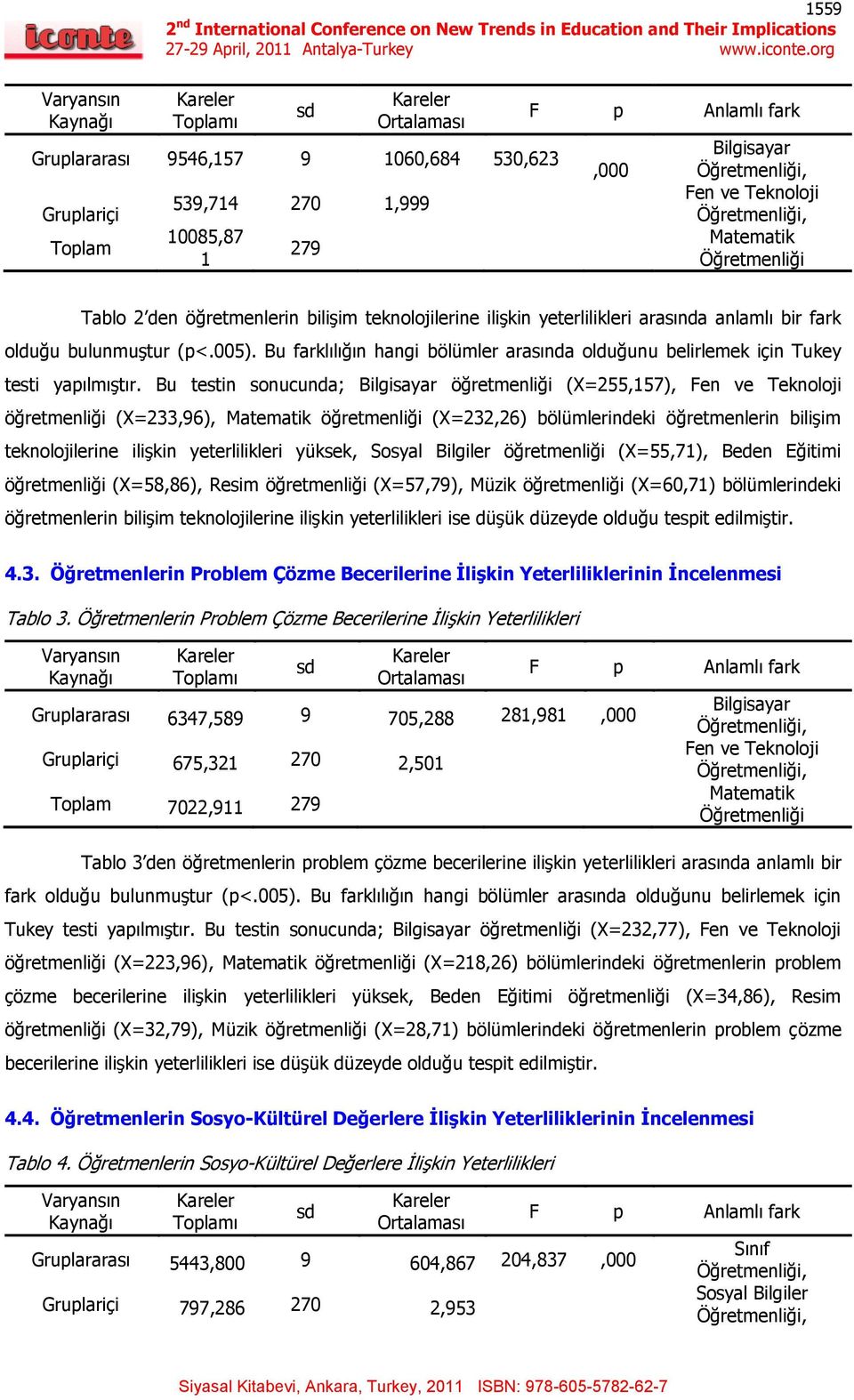 Bu testin sonucunda; Bilgisayar öğretmenliği (X=255,157), Fen ve Teknoloji öğretmenliği (X=233,96), Matematik öğretmenliği (X=232,26) bölümlerindeki öğretmenlerin biliģim teknolojilerine iliģkin