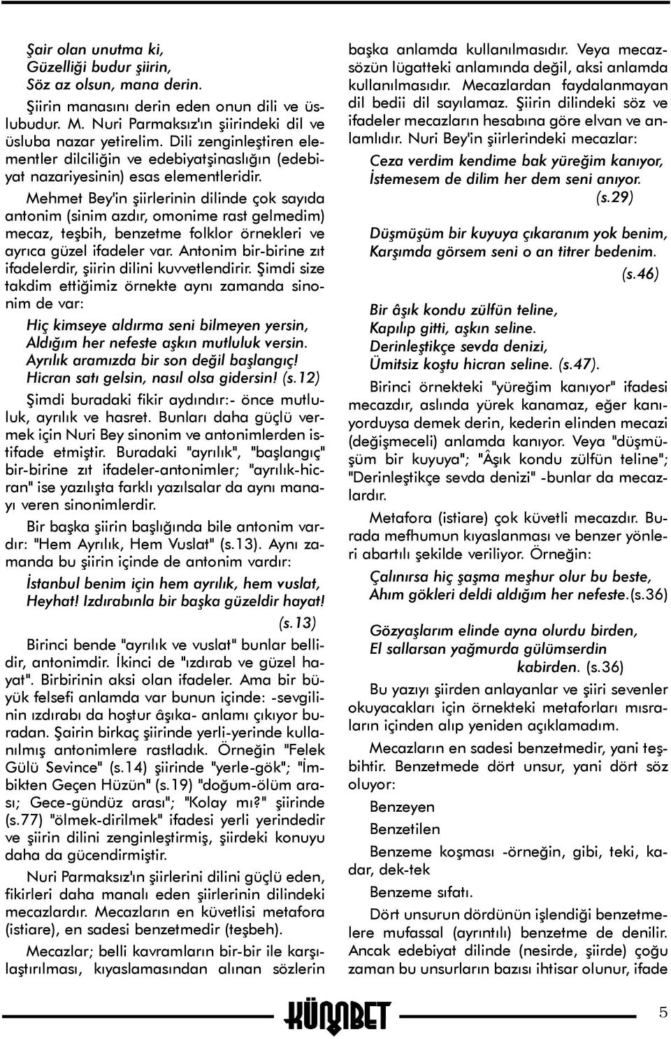 Mehmet Bey'in þiirlerinin dilinde çok sayýda antonim (sinim azdýr, omonime rast gelmedim) mecaz, teþbih, benzetme folklor örnekleri ve ayrýca güzel ifadeler var.