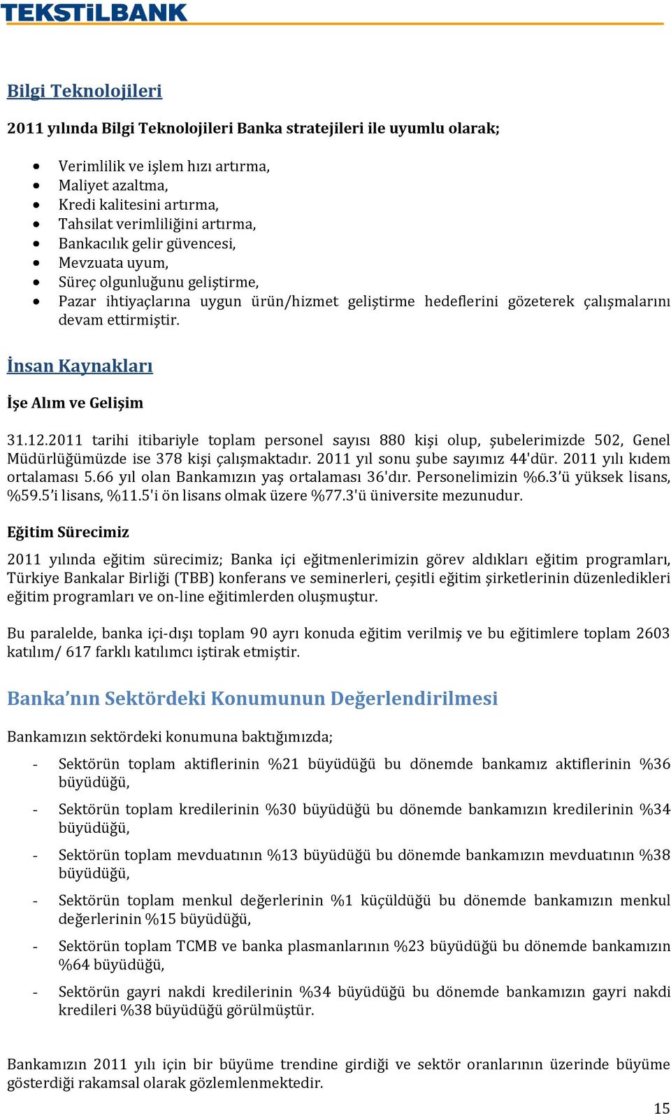 İnsan Kaynakları İşe Alım ve Gelişim 31.12.2011 tarihi itibariyle toplam personel sayısı 880 kişi olup, şubelerimizde 502, Genel Müdürlüğümüzde ise 378 kişi çalışmaktadır.