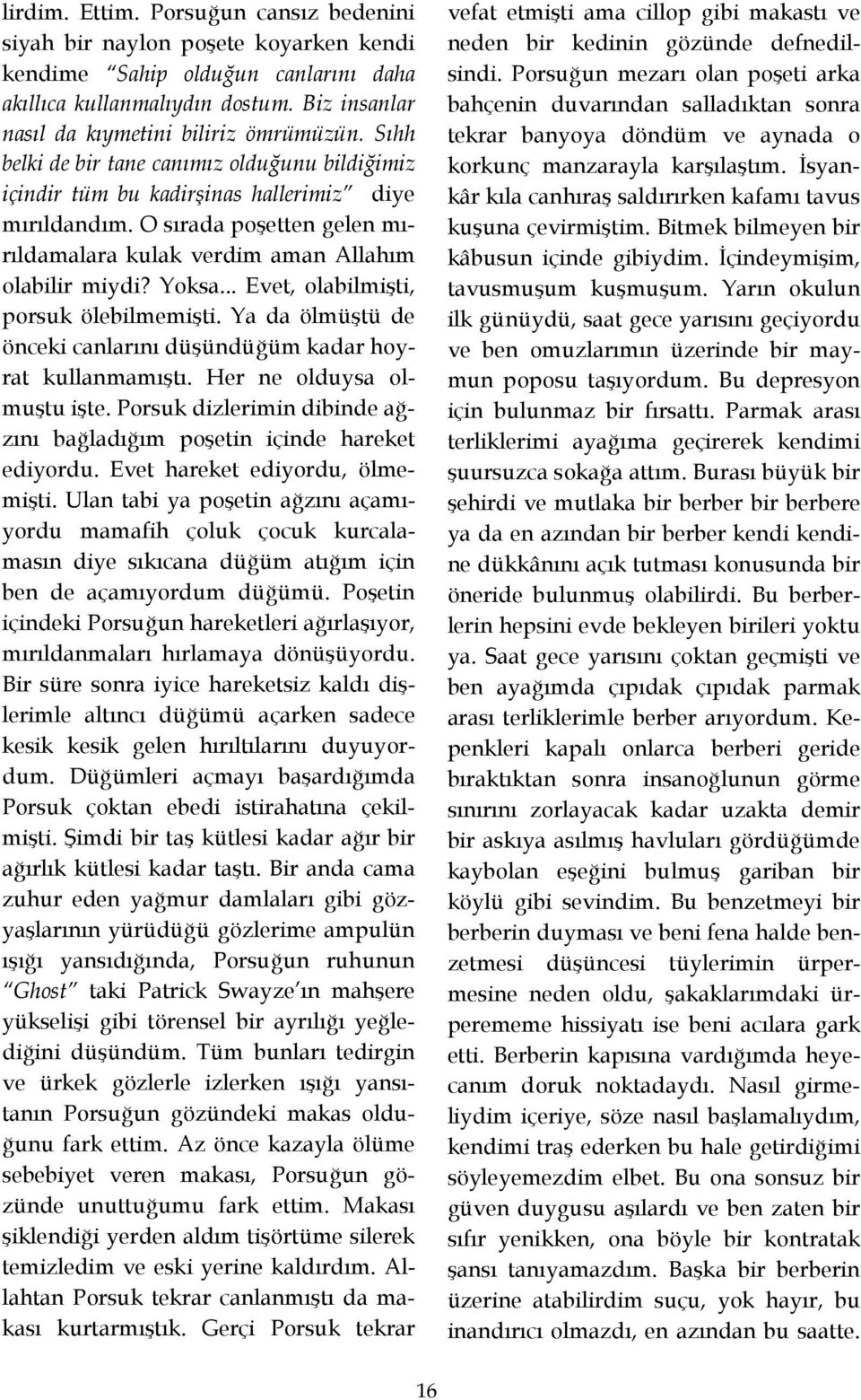 .. Evet, olabilmişti, porsuk ölebilmemişti. Ya da ölmüştü de önceki canlarını düşündüğüm kadar hoyrat kullanmamıştı. Her ne olduysa olmuştu işte.