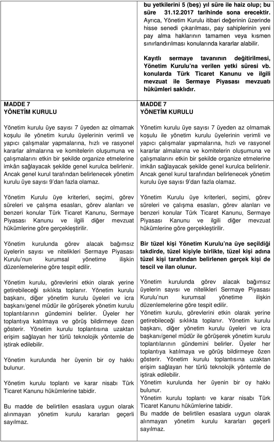 Kayıtlı sermaye tavanının değitirilmesi, Yönetim Kurulu na verilen yetki süresi vb. konularda Türk Ticaret Kanunu ve ilgili mevzuat ile Sermaye Piyasası mevzuatı hükümleri saklıdır.