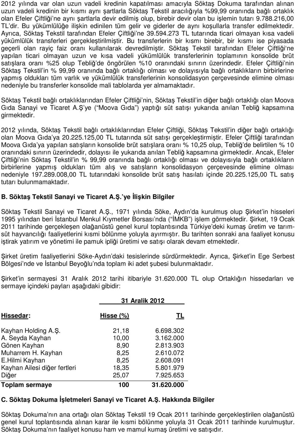 Bu yükümlülüğe ilişkin edinilen tüm gelir ve giderler de aynı koşullarla transfer edilmektedir. Ayrıca, Söktaş Tekstil tarafından Efeler Çiftliği ne 39.594.