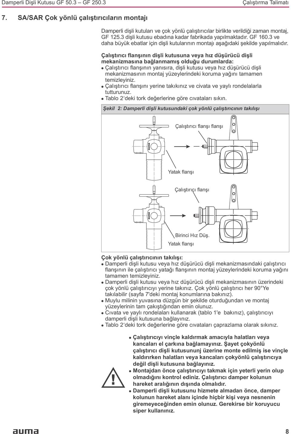 Çalýþtýrýcý flanþýnýn diþli kutusuna veya hýz düþürücü diþli mekanizmasýna baðlanmamýþ olduðu durumlarda:.