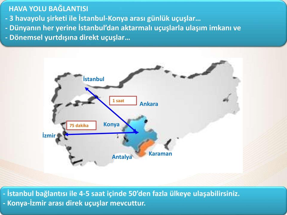 uçuşlar İstanbul 1 saat Ankara İzmir 75 dakika Konya Antalya Karaman - İstanbul bağlantısı